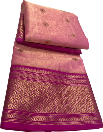 Pink Chanderi Handloom Tissue Katan Silk Saree