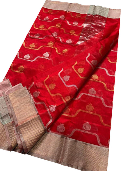 Red Chanderi Pure Pattu Silk Saree - Luxurion World