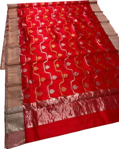 Red Chanderi Pure Pattu Silk Saree - Luxurion World