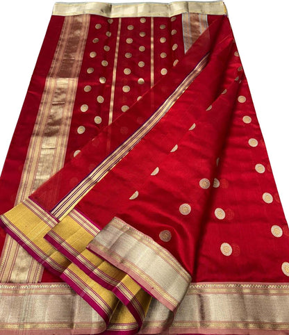 Red Exclusive Pure Pattu Silk Ek Naal Border And Motif Chanderi Saree - Luxurion World