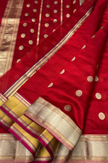 Red Exclusive Pure Pattu Silk Ek Naal Border And Motif Chanderi Saree - Luxurion World