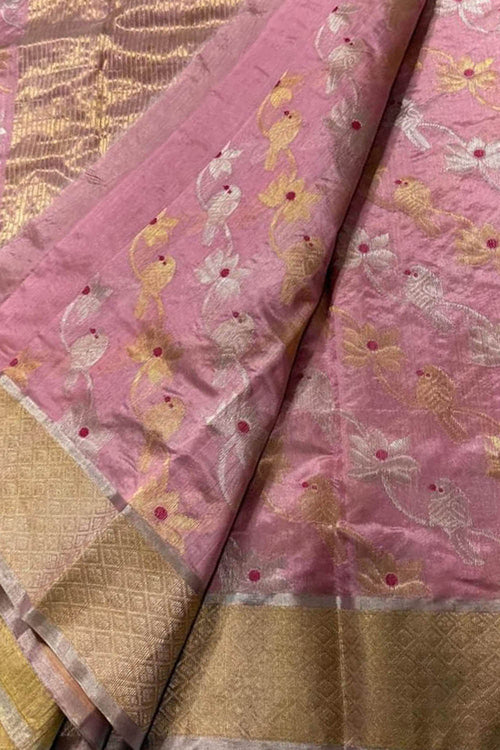 Pink Chanderi Pure Pattu Silk Saree - Luxurion World
