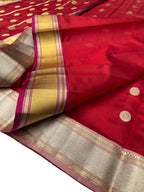 Red Exclusive Pure Pattu Silk Ek Naal Border And Motif Chanderi Saree - Luxurion World