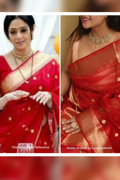 Red Handloom Chanderi Pure katan Silk Saree - Luxurion World