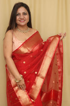 Stunning Red Chanderi Handloom Pure Katan Silk Saree - Luxurion World