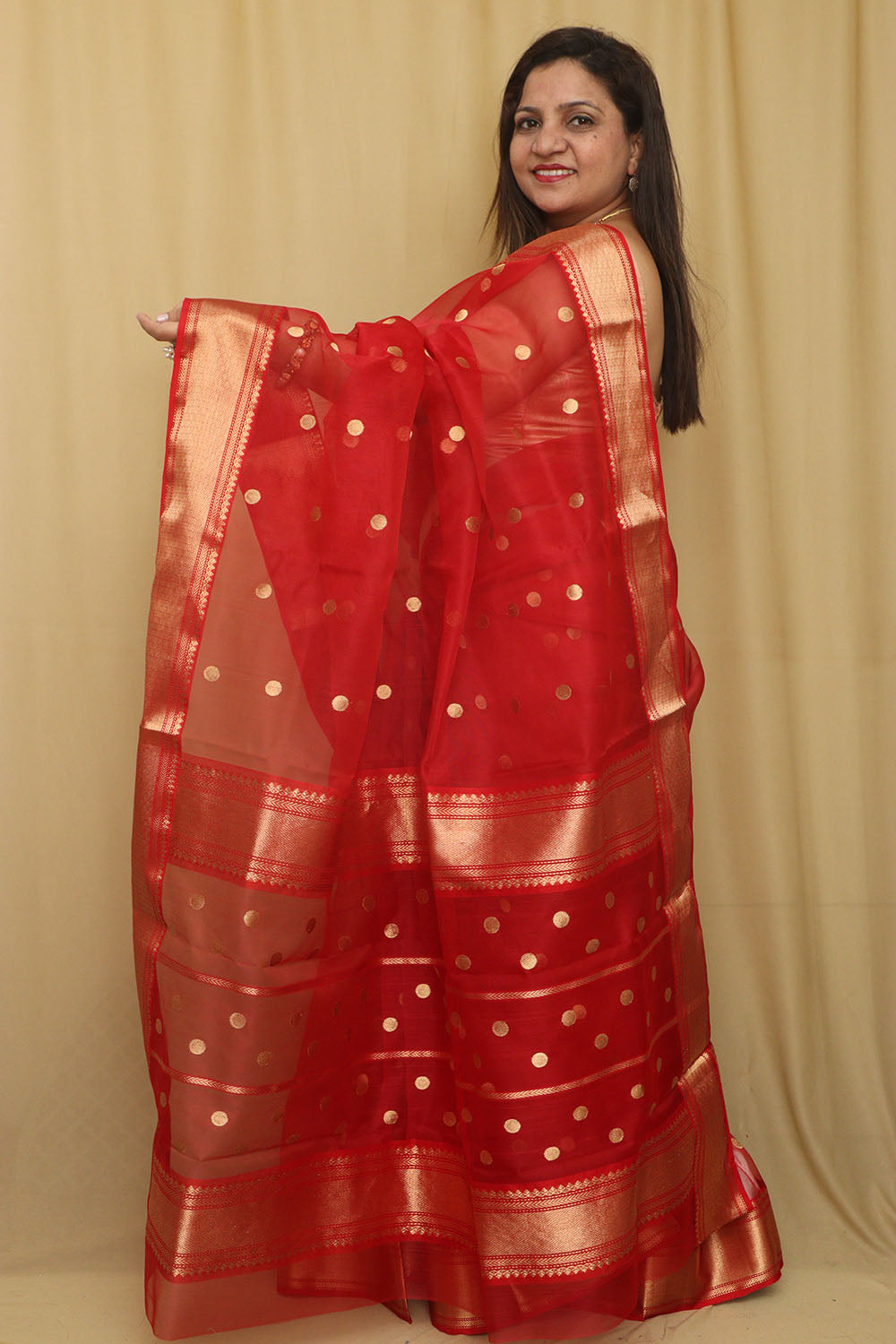 Red Handloom Chanderi Pure katan Silk Saree - Luxurion World