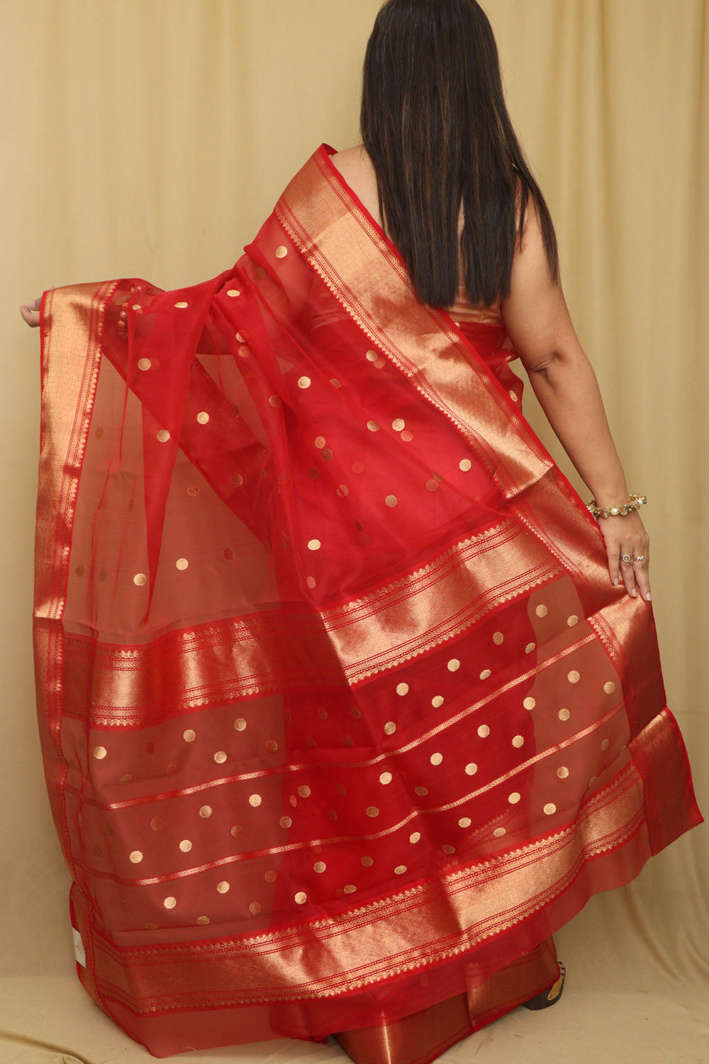 Red Handloom Chanderi Pure katan Silk Saree - Luxurion World