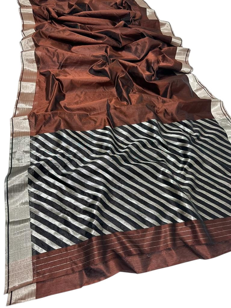 Elegant Brown Handloom Chanderi Pure Silk Saree - Luxurion World