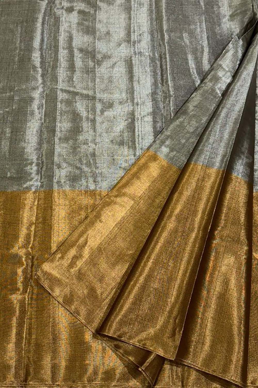 Grey Pure Chanderi Handloom Tissue Silk Saree - Luxurion World