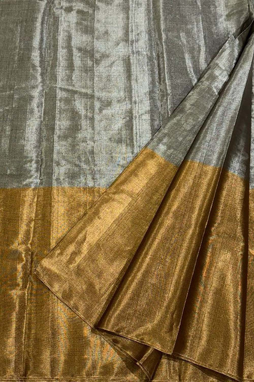 Grey Pure Chanderi Handloom Tissue Silk Saree - Luxurion World