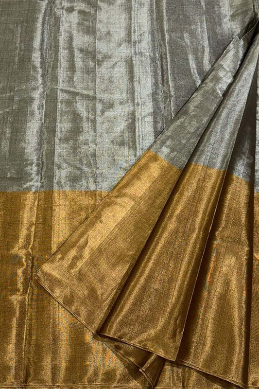 Grey Pure Chanderi Handloom Tissue Silk Saree - Luxurion World