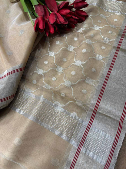 Pastel Chanderi Handloom Pure Katan Silk Booti Design Saree - Luxurion World