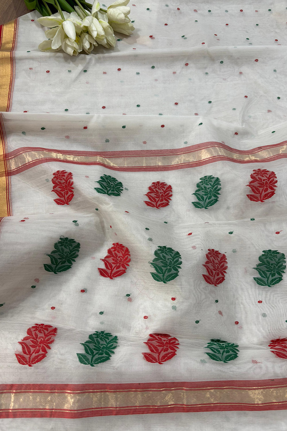 Elegant White Chanderi Handloom Pure Katan Silk Resham Booti Meenakari Saree - Luxurion World