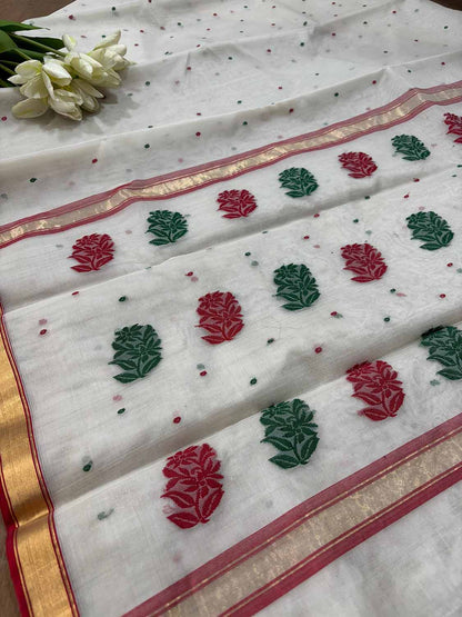 Elegant White Chanderi Handloom Pure Katan Silk Resham Booti Meenakari Saree - Luxurion World