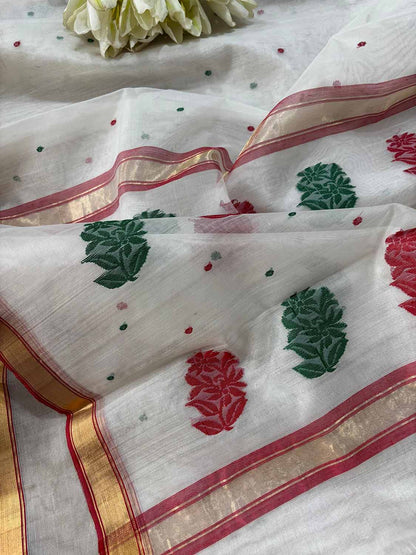Elegant White Chanderi Handloom Pure Katan Silk Resham Booti Meenakari Saree - Luxurion World