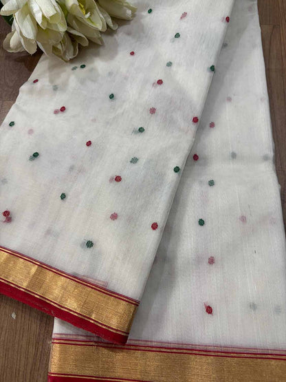 Elegant White Chanderi Handloom Pure Katan Silk Resham Booti Meenakari Saree - Luxurion World