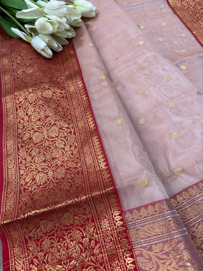 Stunning Pink Chanderi Handloom Pure Katan Organza Silk Booti Design Saree - Luxurion World