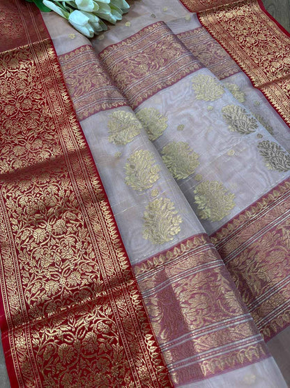 Stunning Pink Chanderi Handloom Pure Katan Organza Silk Booti Design Saree - Luxurion World