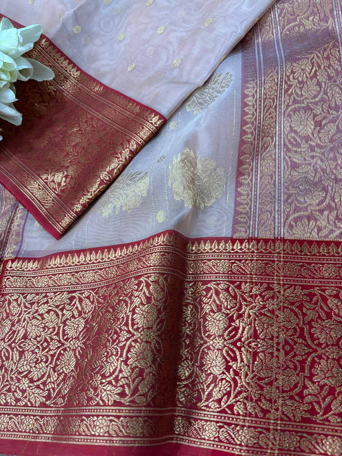 Stunning Pink Chanderi Handloom Pure Katan Organza Silk Booti Design Saree - Luxurion World