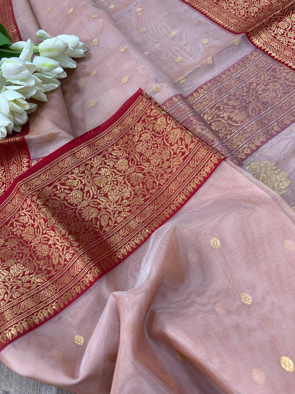 Stunning Pink Chanderi Handloom Pure Katan Organza Silk Booti Design Saree - Luxurion World