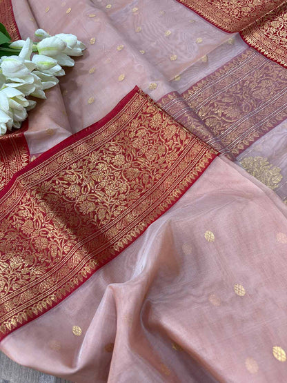 Stunning Pink Chanderi Handloom Pure Katan Organza Silk Booti Design Saree - Luxurion World