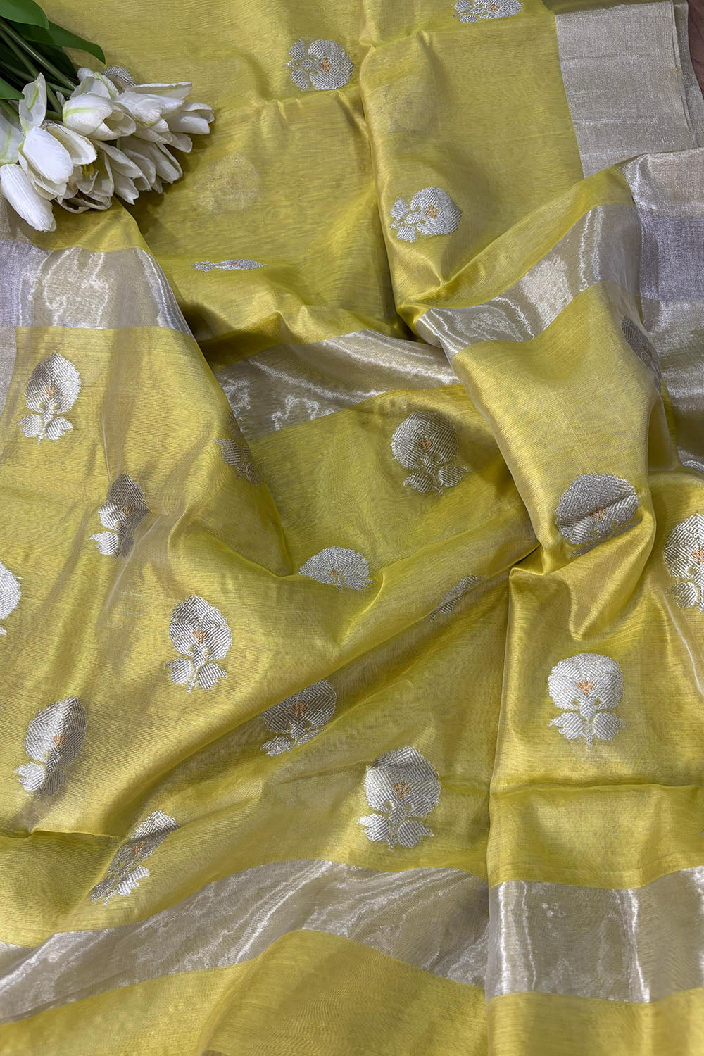 Yellow Chanderi Handloom Pure Silk Flower Design Saree - Luxurion World