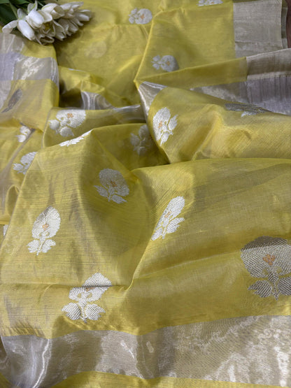 Yellow Chanderi Handloom Pure Silk Flower Design Saree - Luxurion World