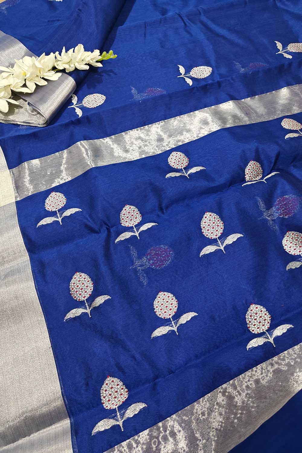Blue Chanderi Handloom Pure Silk Flower Design Saree - Luxurion World