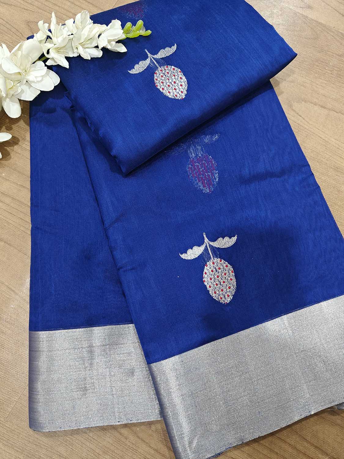 Blue Chanderi Handloom Pure Silk Flower Design Saree - Luxurion World