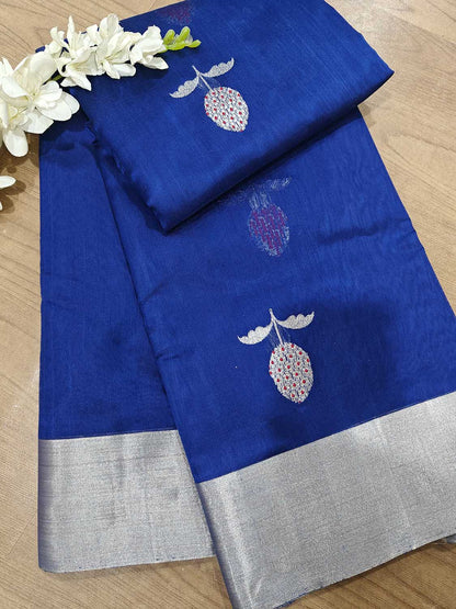 Blue Chanderi Handloom Pure Silk Flower Design Saree - Luxurion World