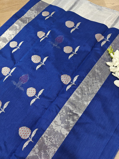 Blue Chanderi Handloom Pure Silk Flower Design Saree - Luxurion World