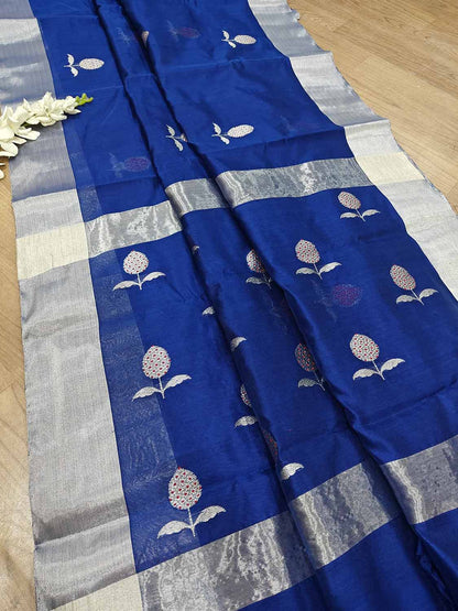 Blue Chanderi Handloom Pure Silk Flower Design Saree - Luxurion World