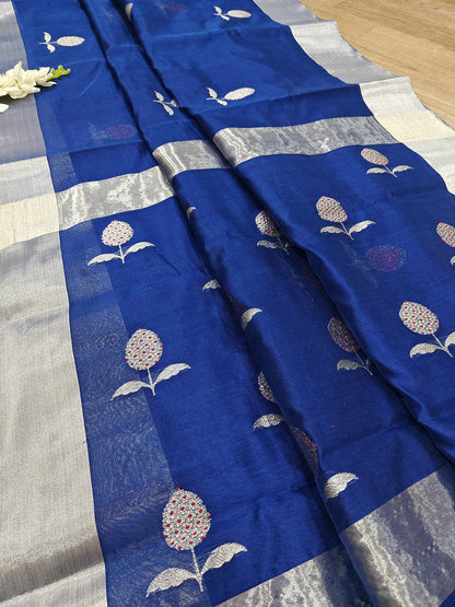 Blue Chanderi Handloom Pure Silk Flower Design Saree - Luxurion World