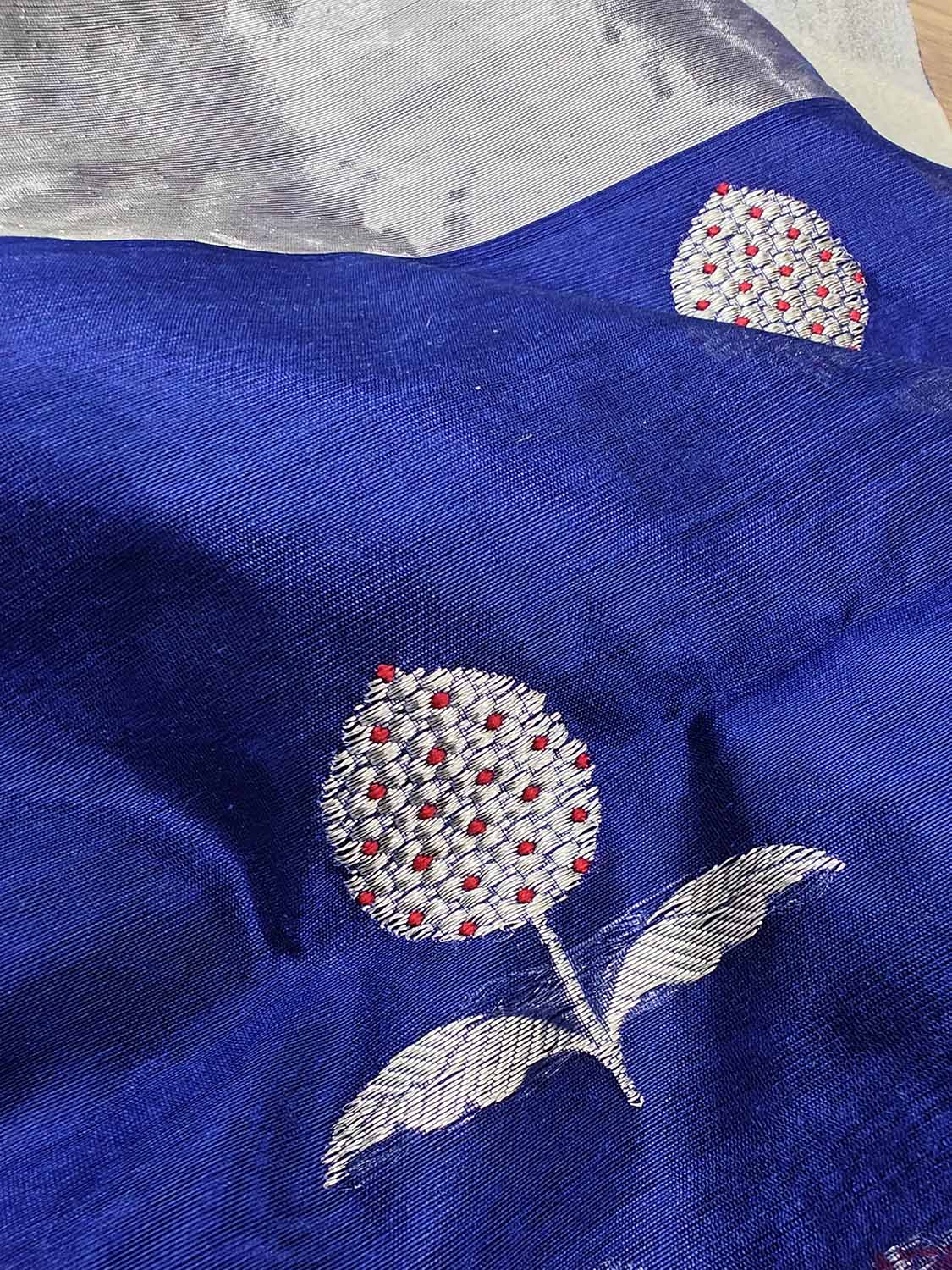 Blue Chanderi Handloom Pure Silk Flower Design Saree - Luxurion World