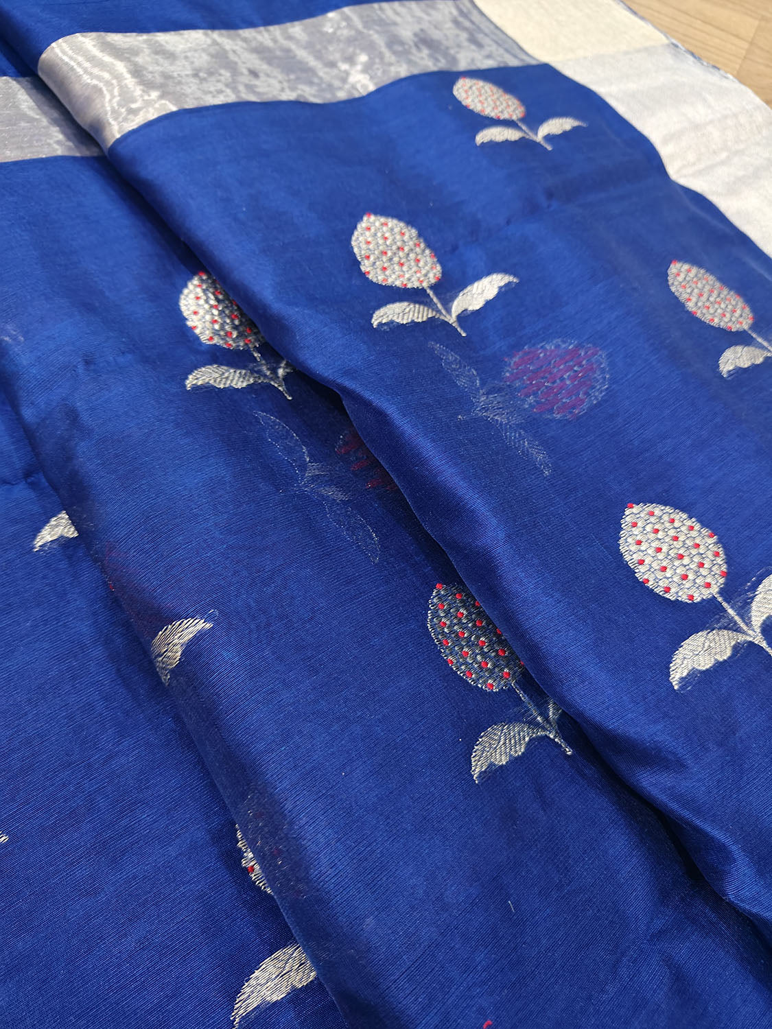Blue Chanderi Handloom Pure Silk Flower Design Saree - Luxurion World