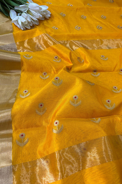 Yellow Chanderi Handloom Pure Silk Flower Design Meenakari Saree - Luxurion World