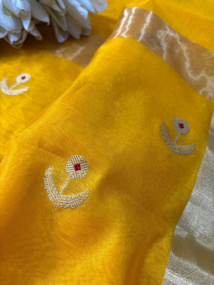 Yellow Chanderi Handloom Pure Silk Flower Design Meenakari Saree - Luxurion World