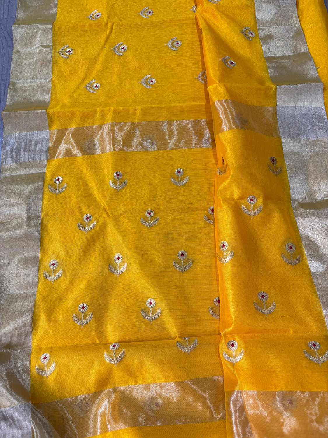 Yellow Chanderi Handloom Pure Silk Flower Design Meenakari Saree - Luxurion World