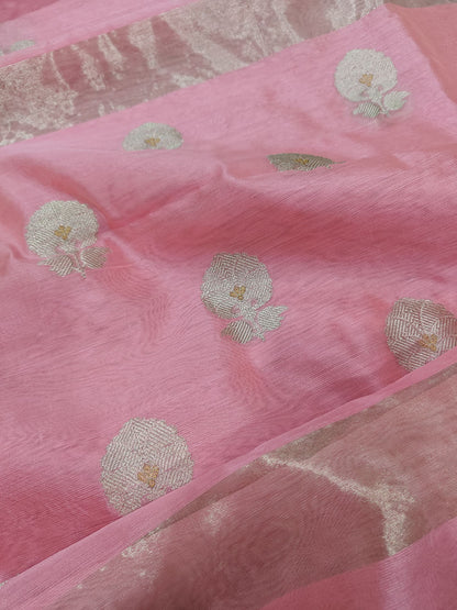Pink Chanderi Handloom Pure Silk Flower Design Saree - Luxurion World