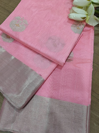 Pink Chanderi Handloom Pure Silk Flower Design Saree - Luxurion World