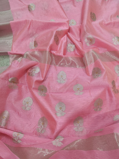 Pink Chanderi Handloom Pure Silk Flower Design Saree - Luxurion World
