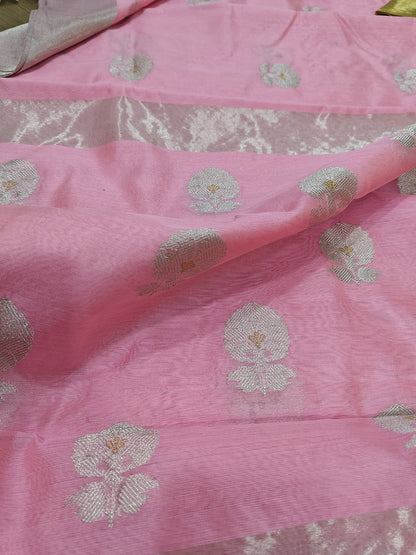 Pink Chanderi Handloom Pure Silk Flower Design Saree - Luxurion World
