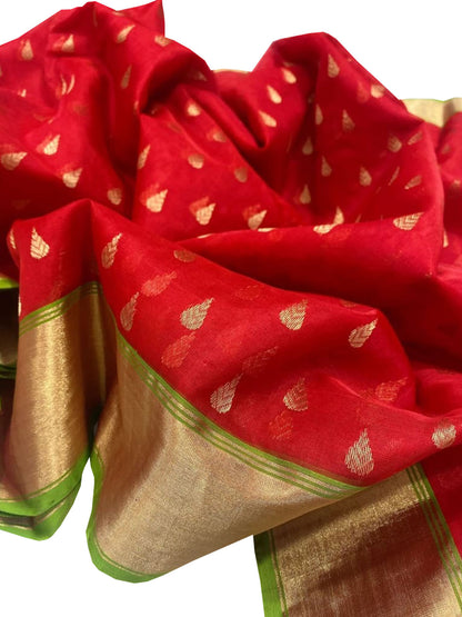 Exquisite Red Chanderi Handloom Katan Organza Silk Saree