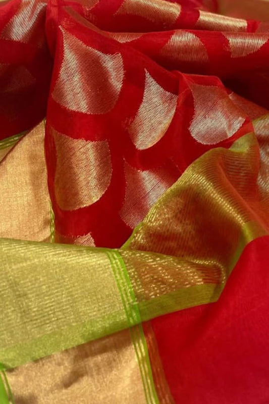 Exquisite Red Chanderi Handloom Katan Organza Silk Saree - Luxurion World