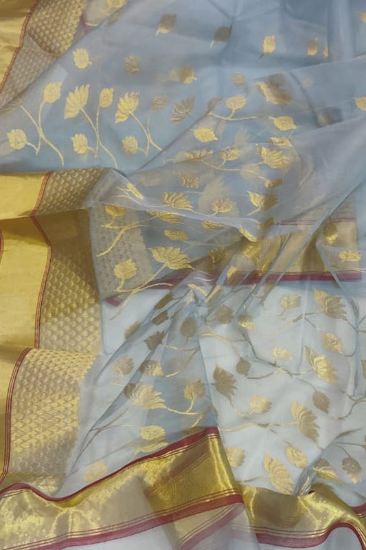 Exquisite Blue Chanderi Handloom Katan Organza Silk Saree - Luxurion World