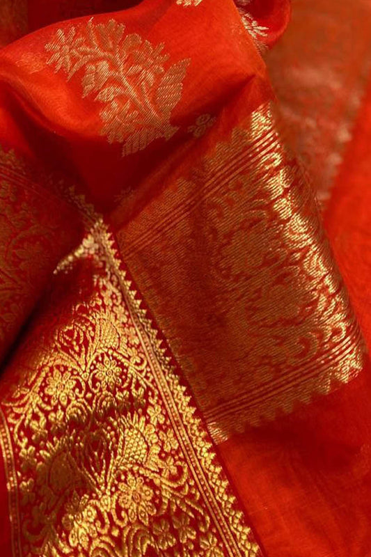 Exquisite Red Chanderi Handloom Katan Organza Silk Saree - Luxurion World