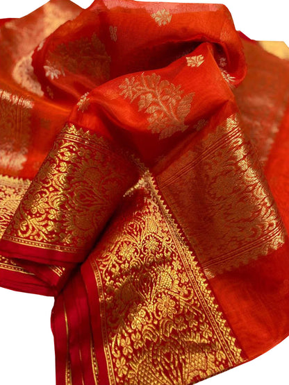 Exquisite Red Chanderi Handloom Katan Organza Silk Saree - Luxurion World