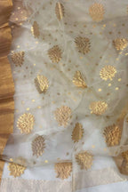 Off White Chanderi Handloom Pure Katan Organza Silk Saree - Luxurion World