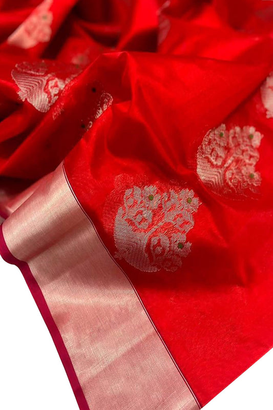 Red Chanderi Handloom Pure Silk Saree - Luxurion World