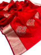 Red Chanderi Handloom Pure Silk Saree - Luxurion World